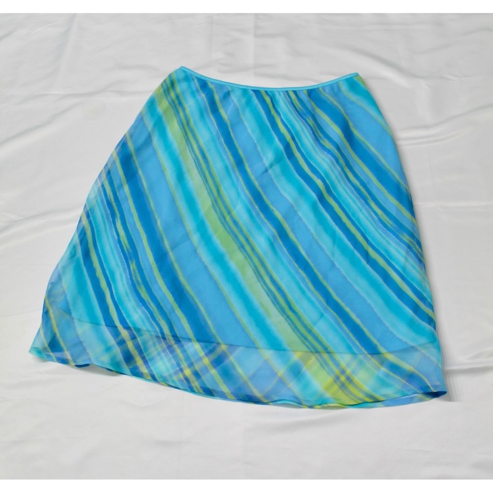 Y2K CC Hughes Blue Green Striped Chiffon Midi Skirt Womens Large Lined Tropical